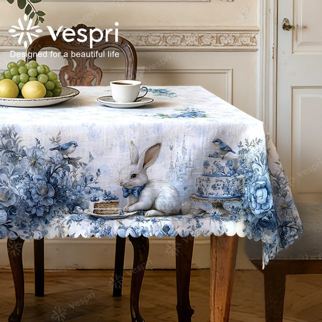 Vespri Oster-Tischdecke Blau-Weiß mit Hasen-, Vogel- und Blumendruck aus Polyester für Party und Restaurant - Bild 1