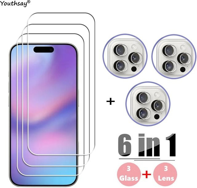 Youthsay Displayschutzfolie aus gehärtetem Glas und Objektivschutzfolie für iPhone 16 Pro Max, 15, 14, 13, 12, 11 Pro Max, transparent - Bild 1