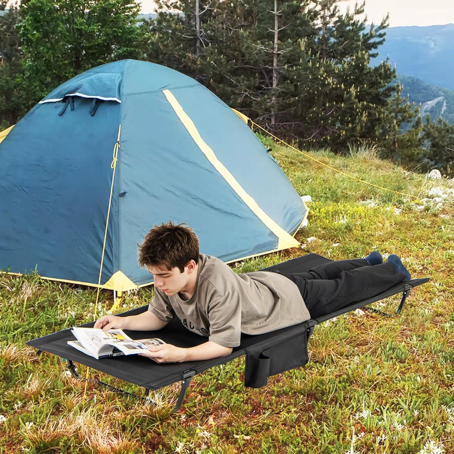 GOFLAME Ultraleichtes Campingfeldbett mit Seitentaschen aus pulverbeschichtetem Aluminium in Grün oder Schwarz - Bild 3