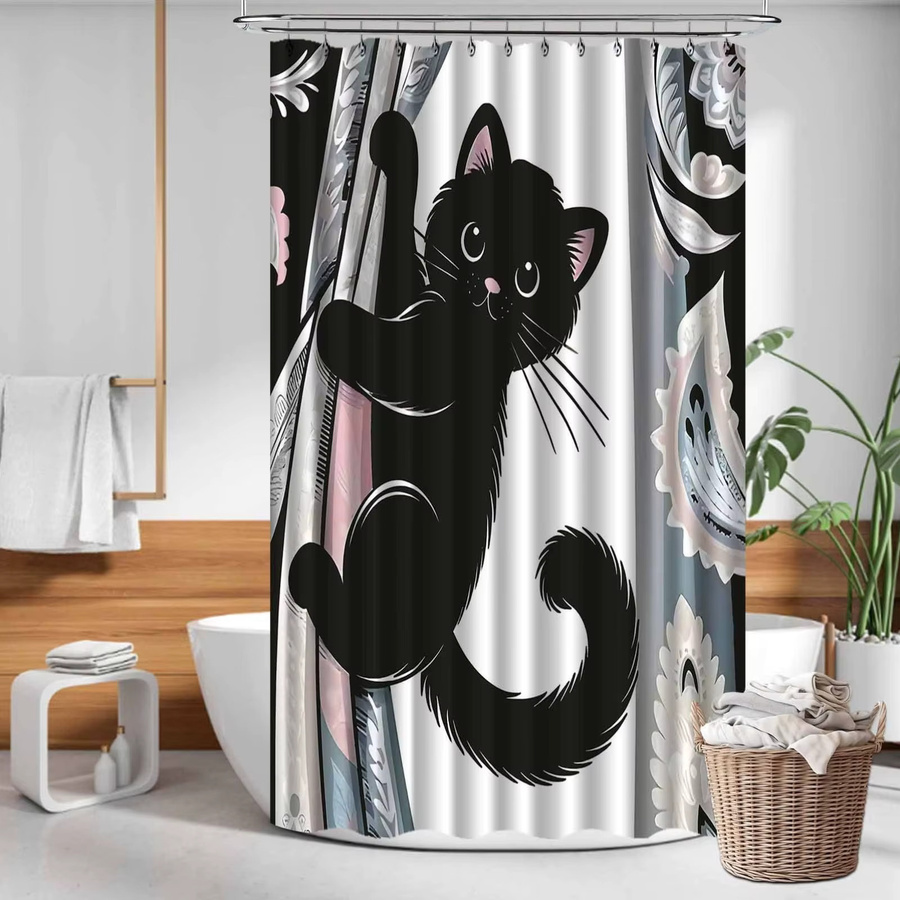 VIKAMA Duschvorhang mit schwarzem Katzenmuster in Schwarz/Mehrfarbig, Höhe: 180 cm, Breite: 90 cm - Bild 2