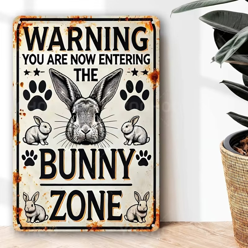 Vintage Bunny Zone Metall-Wanddekorschild mit Kaninchen und Pfotenabdrücken aus Aluminium für Ostern und Frühling - Bild 2
