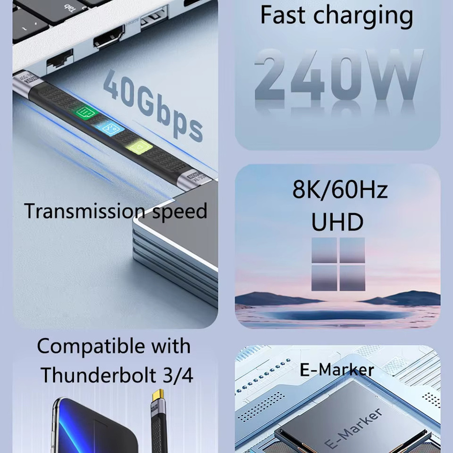 BSN USB4-Datenkabel USB-C auf USB-C, kompatibel mit Thunderbolt 3 und 4, 40 Gbit/s, 240 W, 8K60 Hz, Schwarz - Bild 2