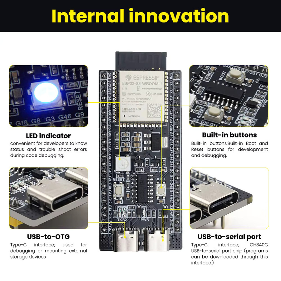 Keyestudio ESP32-S3 Mini Entwicklungsboard Set mit N16R8, 44-Pin Shield und USB-C Kabel, Schwarz - Bild 4