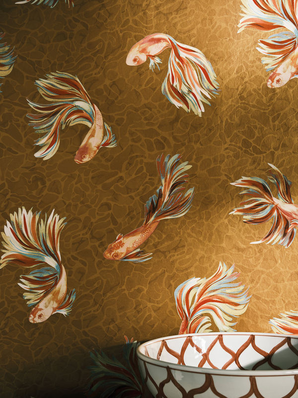 Osborne & Little Carta da parati Aquaria Tapete mit ornamentalen Fischen in Metallic Gold und Orange - Bild 3