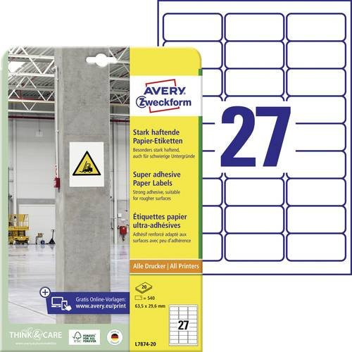 Avery Zweckform L7874-20 Kraftkleber-Etiketten aus weißem Papier, 540 Stück, B: 63,5 mm, H: 29,6 mm - Bild 1