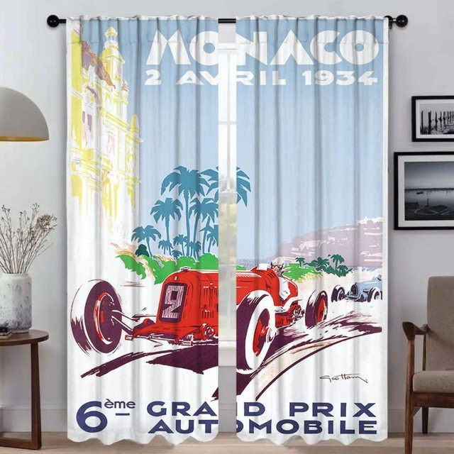 Elegante 2-teilige Zimmervorhänge mit Vintage-Autorennen Motiv, semi-transparent, Mehrfarbig, Breite: 60 cm, Höhe: 90 cm - Bild 1