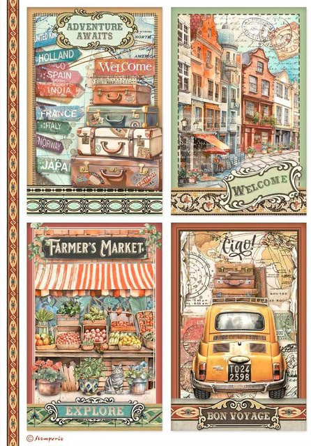 Stamperia Motiv-Strohseide Art of Travelling in Multicolor, 4 Karten im A4 Format - Bild 1