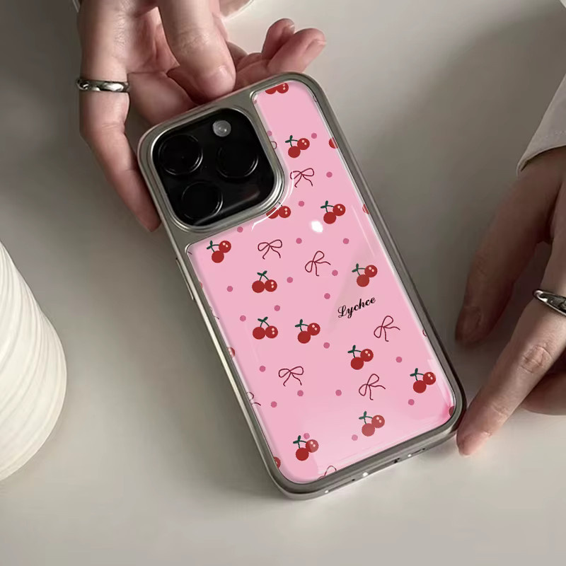 DecoPhone Stoßfeste Hydrogel-Handyhülle mit Kirschschleife und Silberrand für iPhone 17 16 15 14 Pro Max in Pink - Bild 3