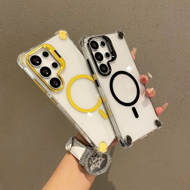 LICOERS Magnetische Schutzhülle für Samsung Galaxy S26 Ultra und S26 Plus, Kristallklare Stoßfeste Luftpolster-Hülle mit MagSafe und Kameraständer, Transparent/Lila - Bild 1