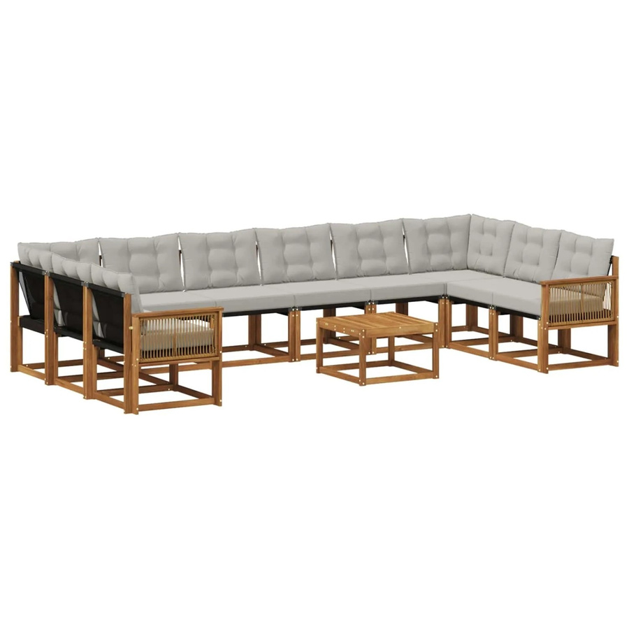 vidaXL Outdoor-Sofagarnitur in L-Form aus Massivholz Akazie mit Textilene-Stoff und Kissen, Hellgrau/Natur - Bild 2