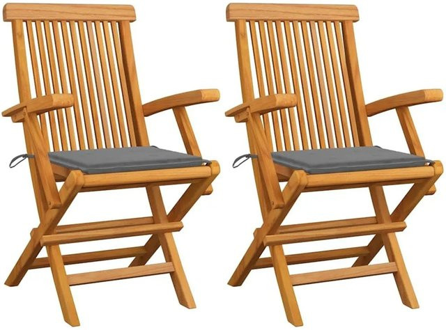 vidaXL Gartenstühle aus Teak-Massivholz mit grauen Kissen, 2er Set, Braun - Bild 1
