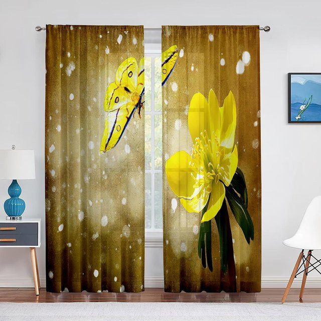 Transparenter Chiffon-Tüllvorhang mit Blumenmuster und Schmetterlingen in Blau und Gelb, Breite: 100 cm, Höhe: 250 cm - Bild 1