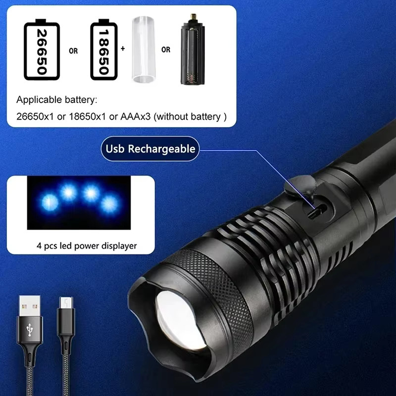 XIWANGFIRE LED-Taschenlampe in Schwarz, wiederaufladbare taktische Taschenlampe aus Aluminium mit Zoom für Outdoor und Notfälle - Bild 5