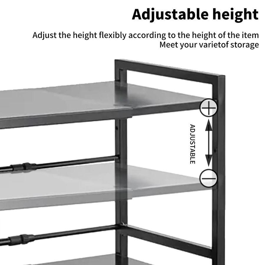 HGTUGO Ausziehbares Mikrowellen-Aufbewahrungsregal aus Metall in Schwarz mit 6 Haken, Platzsparender Küchenutensilien-Organizer für die Arbeitsplatte, Breite: 40-64 cm - Bild 3