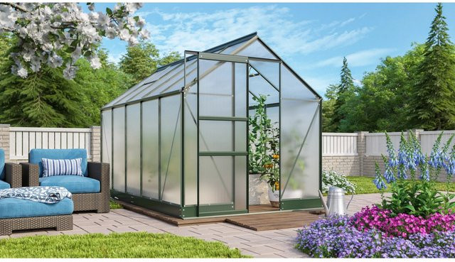 Vitavia Gewächshaus Apollo 6200 in Smaragdgrün mit Aluminiumrahmen, Polycarbonat-Verglasung, Fundament und Regenrinnen, 6,2 m² - Bild 1