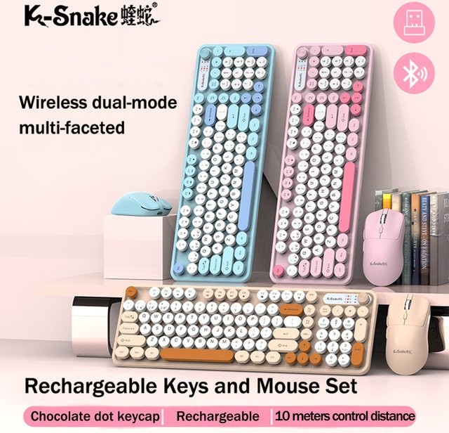 K-snake Wk300 Bluetooth kabelloses Tastatur- und Maus-Set in Blau mit Punk-Tastenkappen und Lautstärkeregler - Bild 1