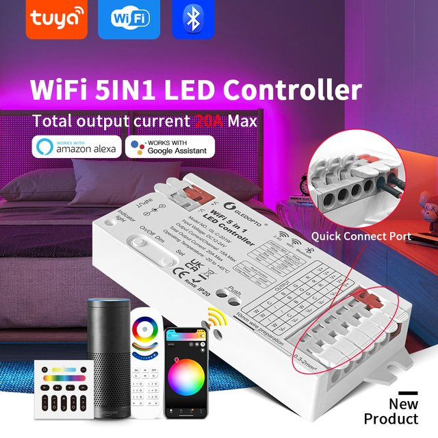 GLEDOPTO 5-in-1 LED-Streifen-Controller mit WiFi und Bluetooth, 20 A Dimmer für RGBCCT, RGBW, RGB, CCT, WWCW zur Steuerung via Tuya Smart Life App - Bild 1