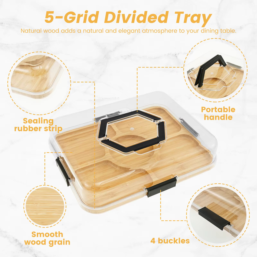 Holz-Charcuterie-Brett mit transparentem Deckel und Griff in Braun, tragbare Käsebrett-Box für Snacks und Obst, B/T/H: 36,5 x 25 x 7,5 cm - Bild 2