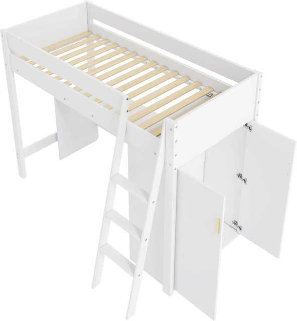 KOMHTOM Hochbett für Kinder aus Massivholz mit Leiter, Schreibtisch und Kleiderschrank, frei kombinierbar, Farbe Weiß, B/T/H: 90 x 200 x 160 cm - Bild 1