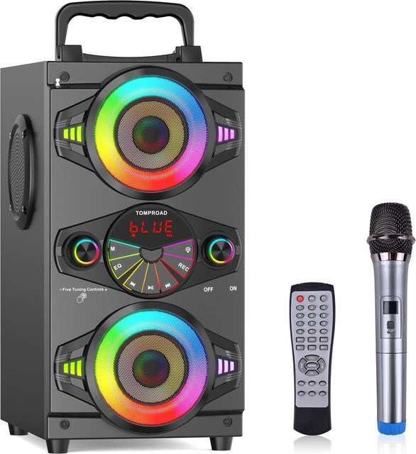 TOPROAD Bluetooth-Lautsprecher 60 W mit Subwoofer, LED-Leuchten, FM-Radio und Mikrofon, Schwarz - Bild 1
