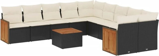 vidaXL 11-tlg Garten-Sofagarnitur in L-Form aus Polyrattan und Akazienholz mit Kissen in Schwarz - Bild 1