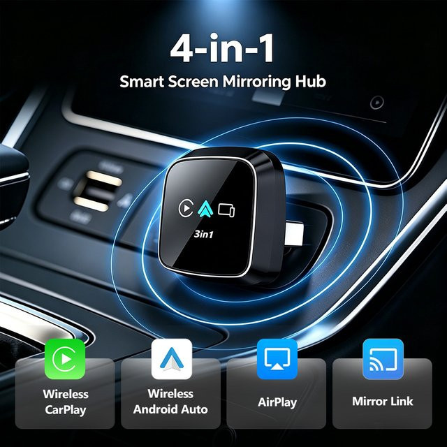 uhulamb 4-in-1 Dongle für kabelloses Android Auto und CarPlay mit AirPlay Screen Mirroring, Farbe: Schwarz - Bild 1