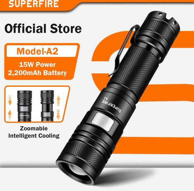 SUPERFIRE A2 LED-Taschenlampe, wiederaufladbar, superhell, Mini-Langstreckenleuchte in Schwarz - Bild 1
