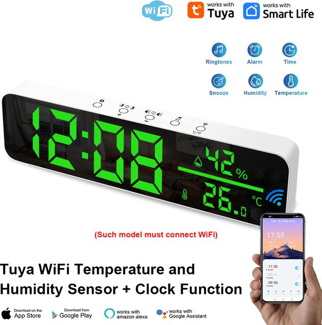 Tuya Wifi Temperatur und Feuchtigkeit Sensor mit LED-Spiegel-Uhr und Weckfunktion für dein Wohnzimmer - Bild 1