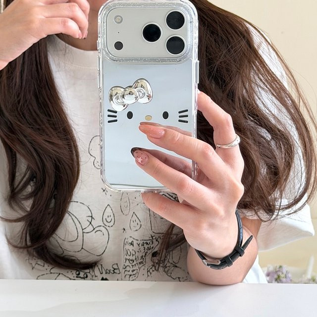 Sanrio Hello Kitty Handyhülle mit 3D Cartoon Design und integriertem Schminkspiegel für iPhone 17 16 15 14 13 Pro Max, transparent, stoßfeste Hartschale - Bild 1