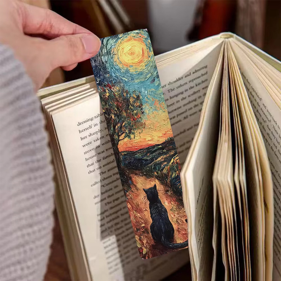 Van Gogh Sternennacht Katzen-Lesezeichen im Ölgemälde-Stil, buntes Papier-Seitenmarkierer Design für Katzenliebhaber - Bild 4