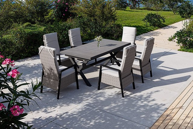 Siena Garden Garten-Essgruppe aus Alu, Keramik und Polyrattan in Anthrazit und Natur-Grau mit ausziehbarem Tisch und 6 Diningsesseln - Bild 1
