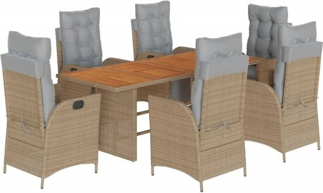 vidaXL 7-teilige Garten-Essgruppe aus PE-Rattan und Akazienholz mit Kissen in Beige und Grau - Bild 1