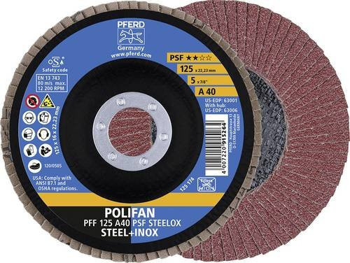 PFERD PSF STEELOX Polifan Fächerschleifscheibe für Stahl und Edelstahl, Körnung 40, Durchmesser: 125 mm, Bohrungs-Ø: 22,23 mm, 10 Stück - Bild 1