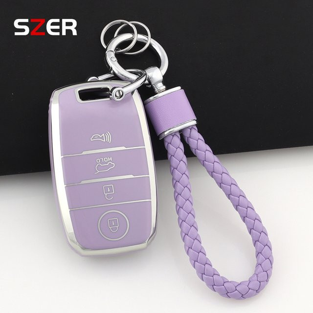 SZER TPU Autoschlüsselhülle mit Schlüsselanhänger für Kia Optima, Sorento, Niro, Soul, KX3, KX5, K3S, Rio und Ceed in Lila - Bild 1