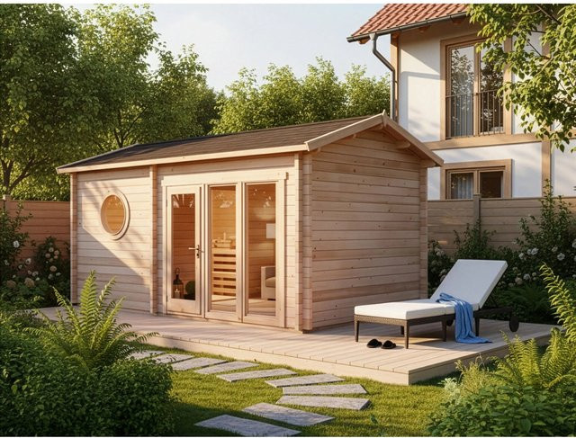 Finntherm Gartensauna Genf-70 Naturbelassen B: 561 cm, T: 334 cm, Wandstärke: 70 mm - Bild 1