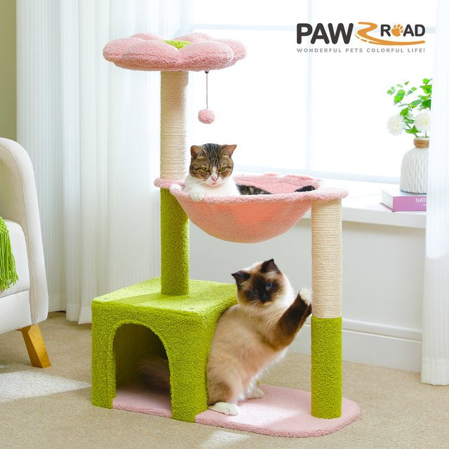PETEPELA Blumen-Kratzbaum mit Metallrahmen, Hängematte und ersetzbarem Sisal für Katzen in Rosa - Bild 1