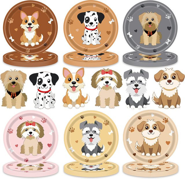 JIATA Einweg Dessertteller mit Hundemotiven Corgi Schnauzer Dalmatiner für die Haustier Geburtstagsparty - Bild 1