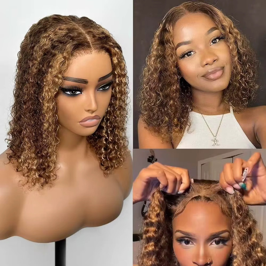 mayfive Bob-Perücke, tief lockig, Echthaar, 220 % Dichte, Highlight Brown - Bild 3