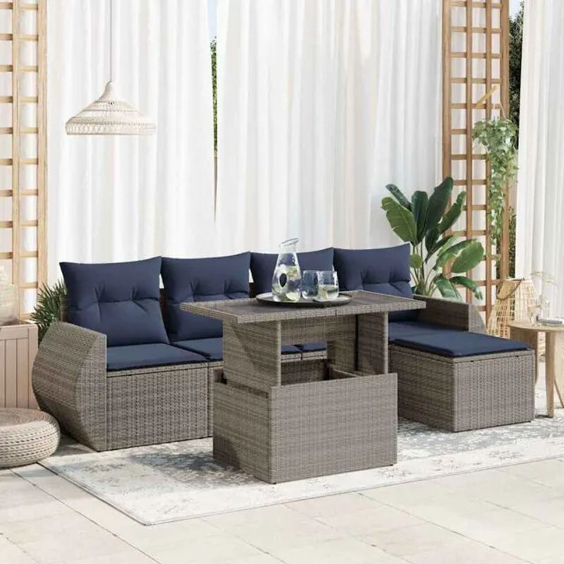 6-teilige moderne Garten-Sofagarnitur aus Poly-Rattan und Akazie in Grau mit Kissen von vidaxl - Bild 1
