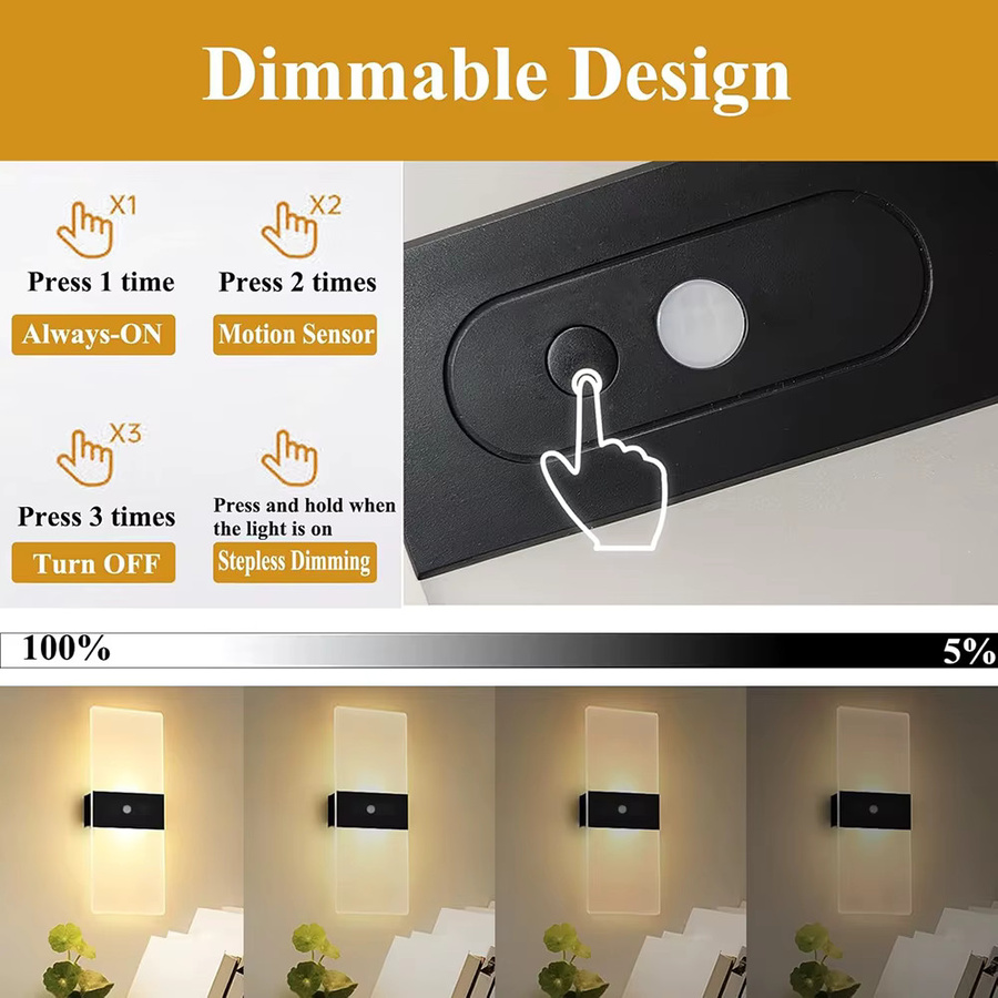 2er-Set UMEXUS LED Wandleuchten mit Bewegungssensor und Touch-Funktion, USB-aufladbare Nachtlichter in Weiß für das Schlafzimmer, Warmweiß - Bild 3