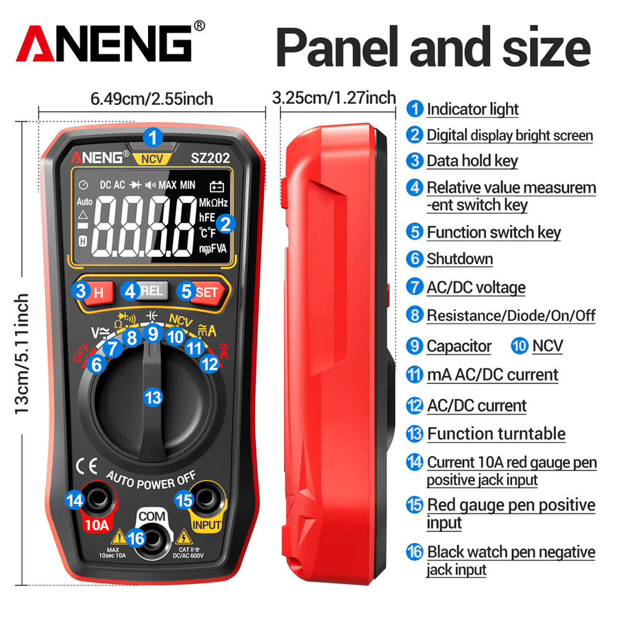 ANENG SZ 202 Digitaler Multimeter-Tester Schwarz für AC/DC-Spannung, Strom, Widerstand, Kondensator und NCV-Messungen mit 4000 Zählungen - Bild 5