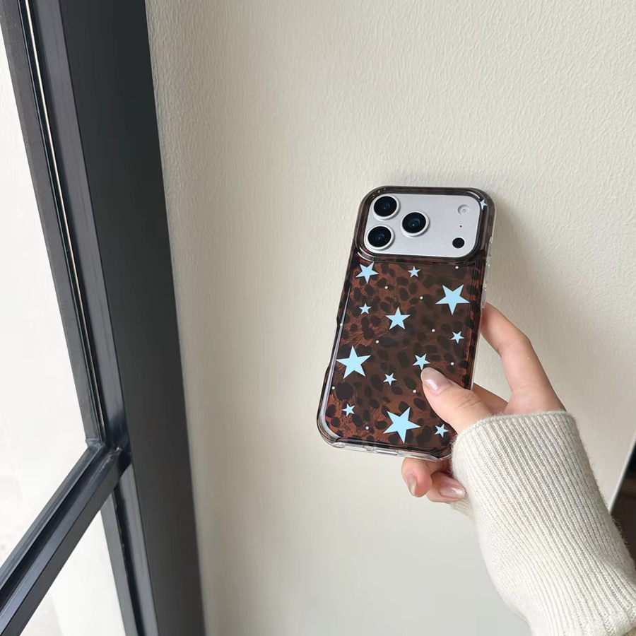 Stoßfeste Schutzhülle für iPhone 17, 16, 15 und 14 Pro Max mit Leopardenmuster in Braun und blauem Sternenmuster - Bild 4