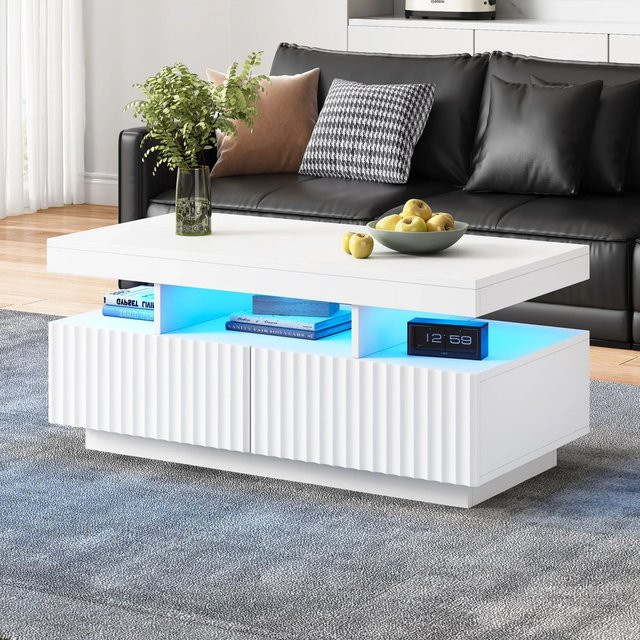 Merax Couchtisch mit LED und 2 Schubladen in Weiß mit Rillenoptik - Bild 1