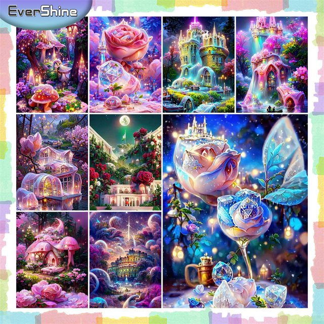 EverShine Diamantmosaik DIY Set Landschaft Schloss im Fantasiewald, Mehrfarbig, B/H: 40 x 30 cm - Bild 1