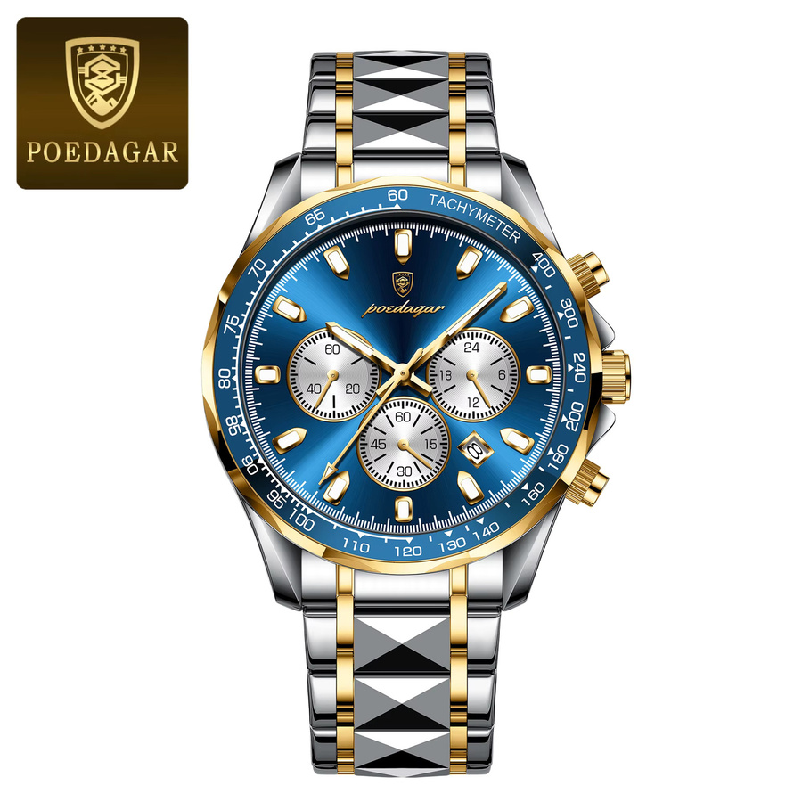 POEDAGAR Armbanduhr Chronograph, Quarz, Edelstahl, Blau, Herren - Bild 7