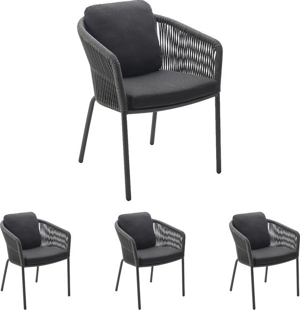 4er Set Solpuri LOOP Dining Sessel mit Sitzpolster und Rückenkissen, Aluminium String-Flex in Anthrazit und Bombay Anthrazit - Bild 1