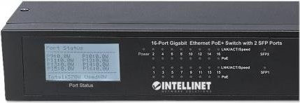 Intellinet Gigabit Ethernet PoE+ Switch mit LCD-Display, 16 x 10/100/1000 PoE+ Ports und 2 x Gigabit SFP Ports, 370 W, Schwarz - Bild 1
