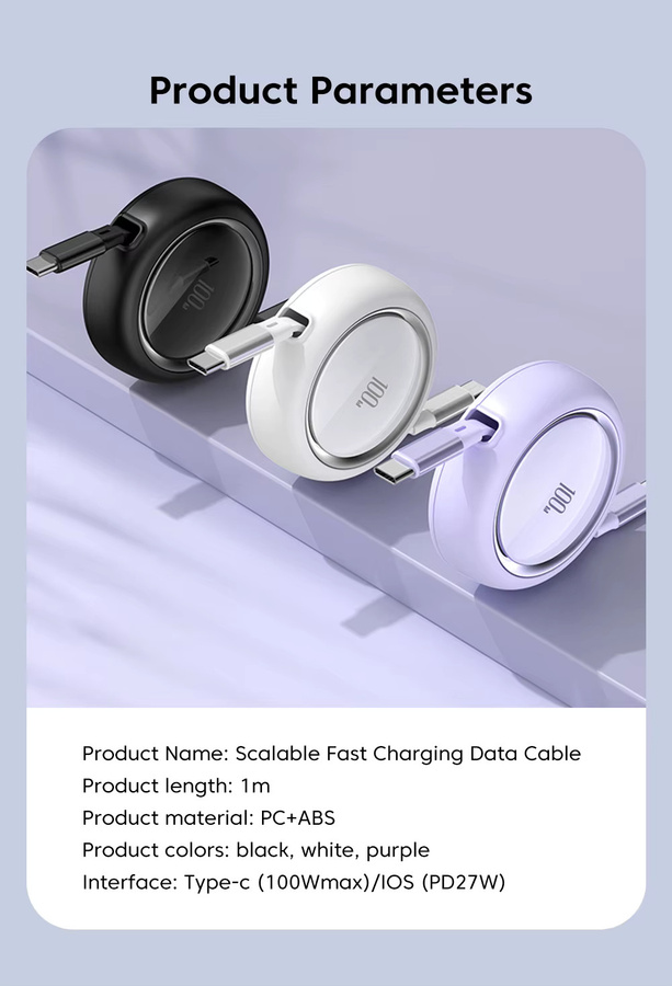 ILEPO USB-C auf USB-C Schnellladekabel mit 100 W Leistung, einziehbares Datenkabel in Schwarz, Länge: 1 m - Bild 2