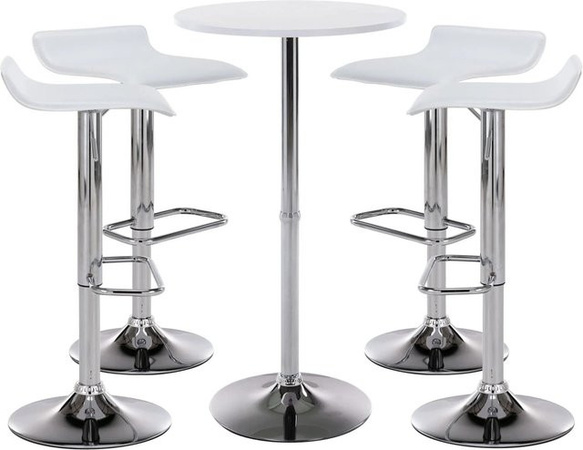 DELUKE Bartisch Set EGON 5-teilig mit 1x Rundem Stehtisch und 4x Barhockern in Weiß, Tisch Durchmesser: 60 cm, Höhe: 108 cm, Material: Holz, Metall und Kunstleder