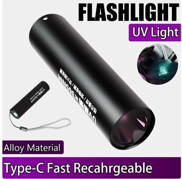 XIWANGFIRE Tragbare EDC-UV-Taschenlampe mit 365 nm Schwarzlicht, wiederaufladbare LED-Hygiene-Taschenlampe für Haustier-Urin und Skorpion-Detektion, Schwarz - Bild 1